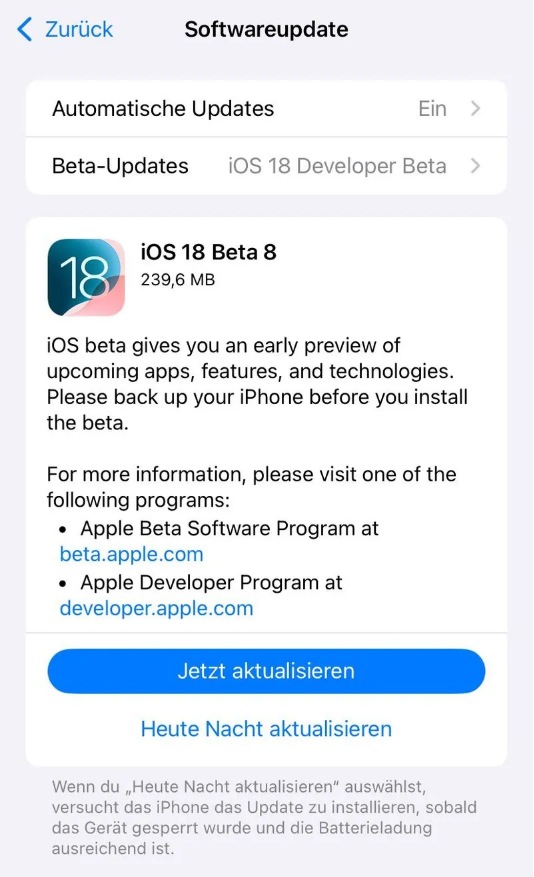 吴中苹果手机维修分享苹果 iOS / iPadOS 18 开发者预览版 Beta 8 发布 